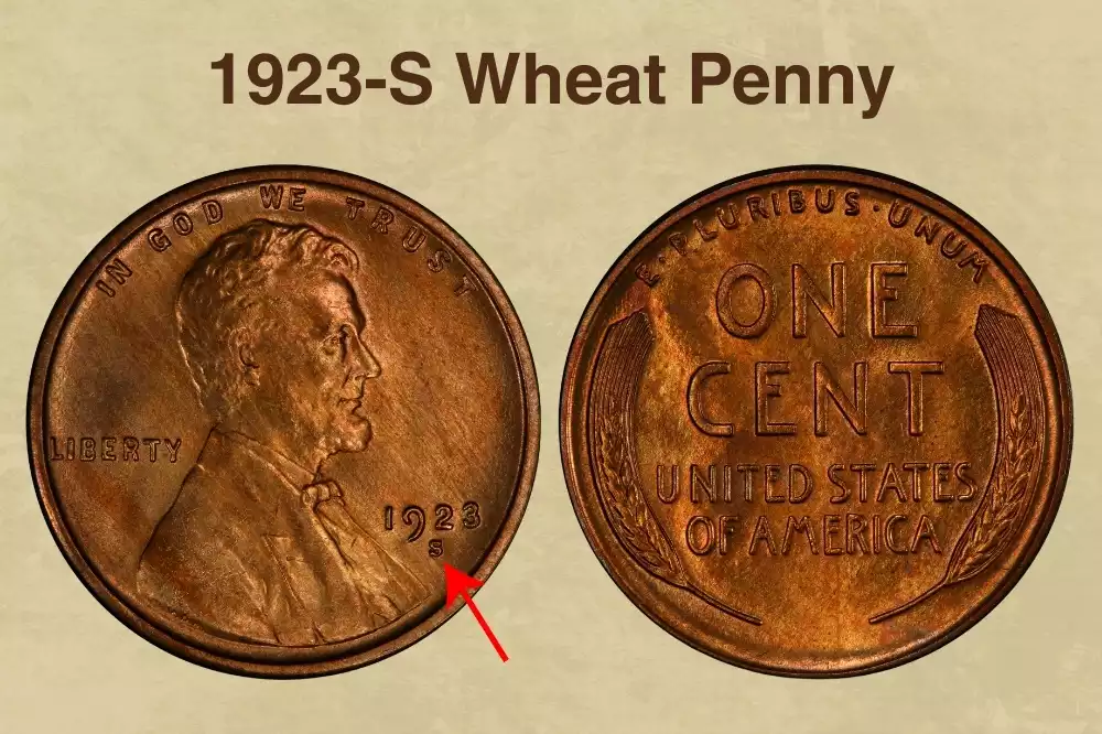 Side-by-side comparison of 1923 Philadelphia and 1923-S San Francisco wheat penny reverses showing S mintmark location