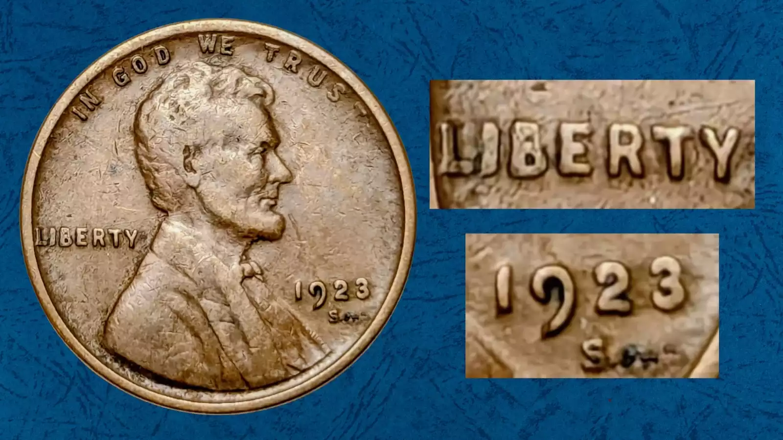 1923 wheat penny DDO-001 doubled die obverse showing extra thickness on date and LIBERTY legend under magnification