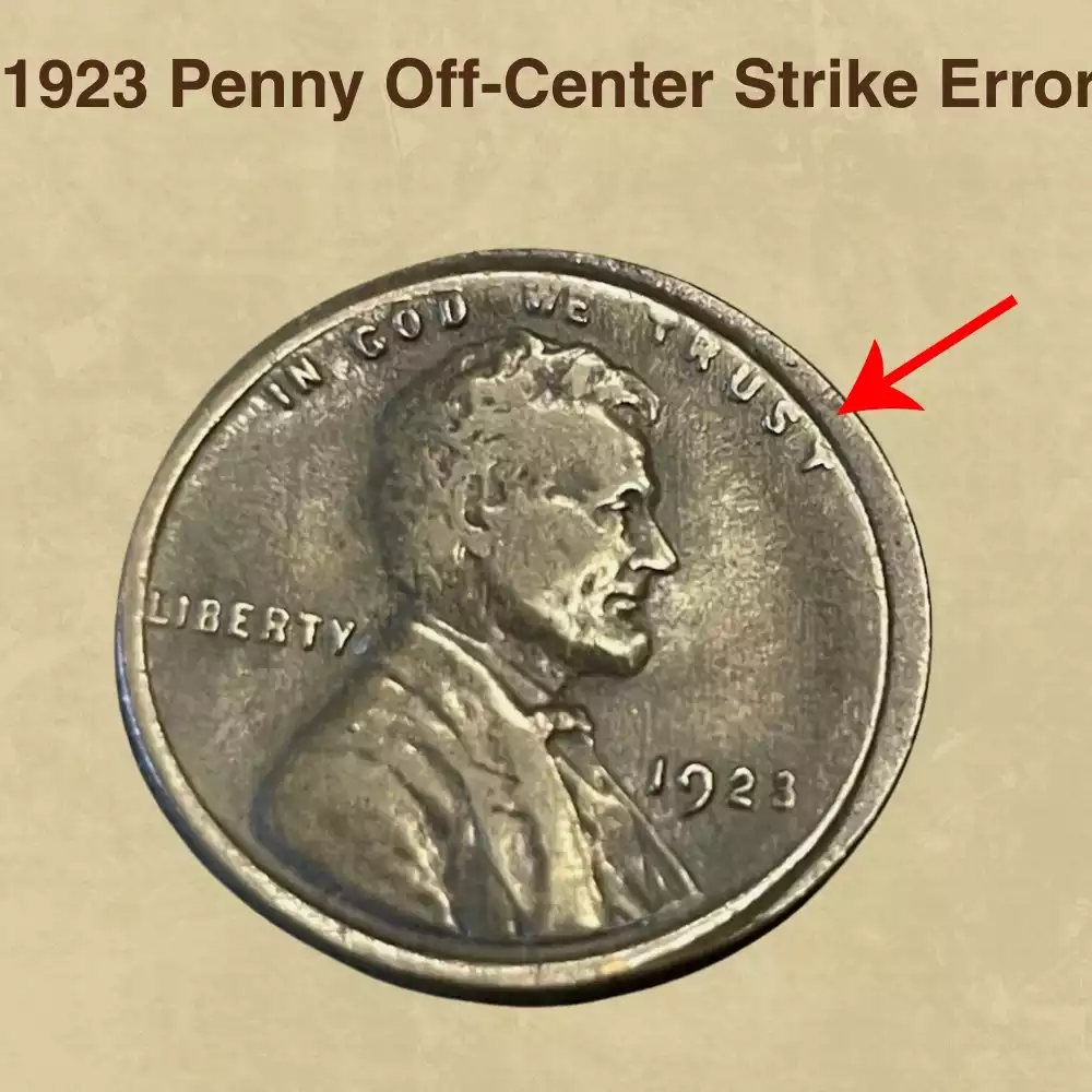 1923 wheat penny off-center strike error showing design shifted 20-30% from center with blank crescent visible
