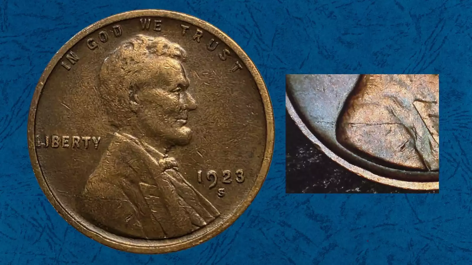 1923 wheat penny die crack error showing raised metal fissure across Lincoln portrait and rim cud