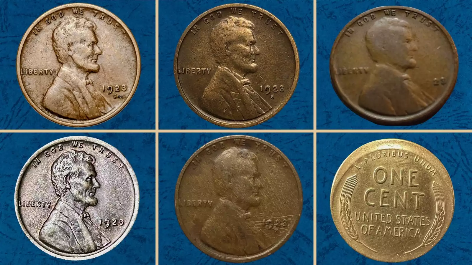 Grading strip of four 1923 wheat pennies from worn Good condition to gem Mint State showing progressive detail quality